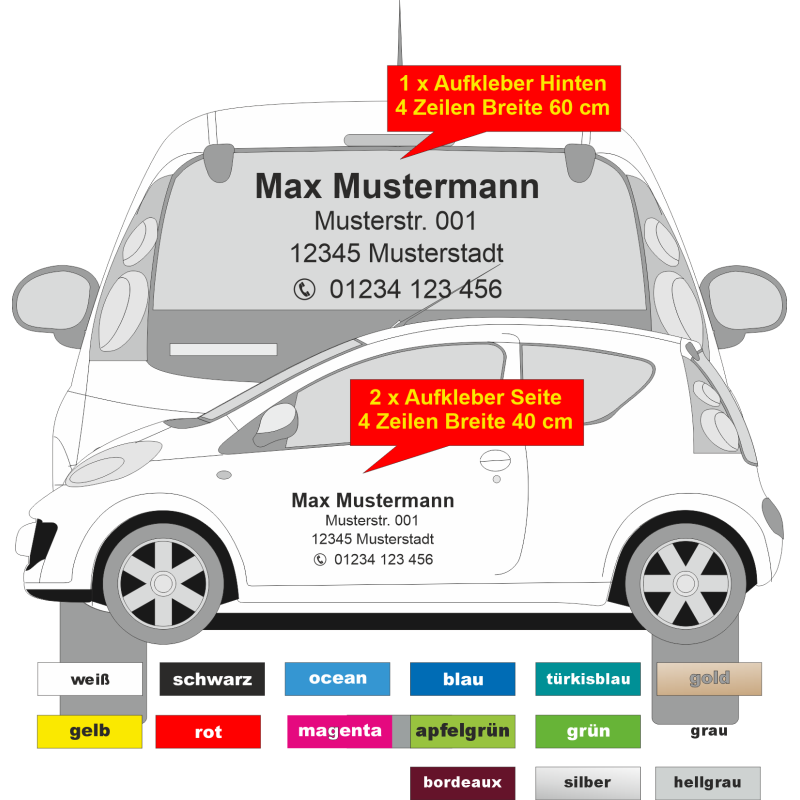 Autobeschriftung 3-tlg. Werbung Wunschtext KFZ  Aufkleber Folie Heckscheibe