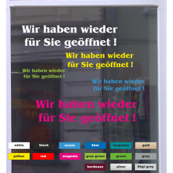 Neueröffnung Wieder geöffnet Schaufensterbeschriftung Aufkleber Öffnungszeiten